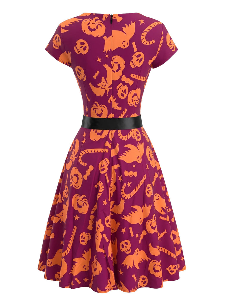 50er Halloween Swingkleid mit Kürbis- und Eulen-Print