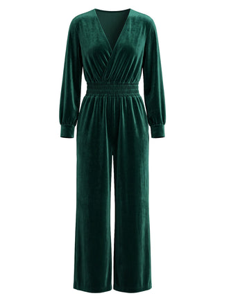 50er Samt-Jumpsuit mit V-Ausschnitt und Smok