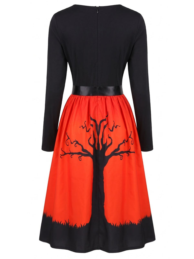 50er Halloween Swingkleid mit Kürbis-Print und Wellen-Ausschnitt