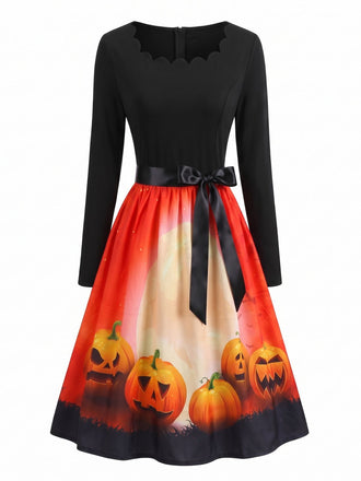 50er Halloween Swingkleid mit Kürbis-Print und Wellen-Ausschnitt