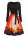 50er Halloween Swingkleid mit Kürbis-Print und Wellen-Ausschnitt
