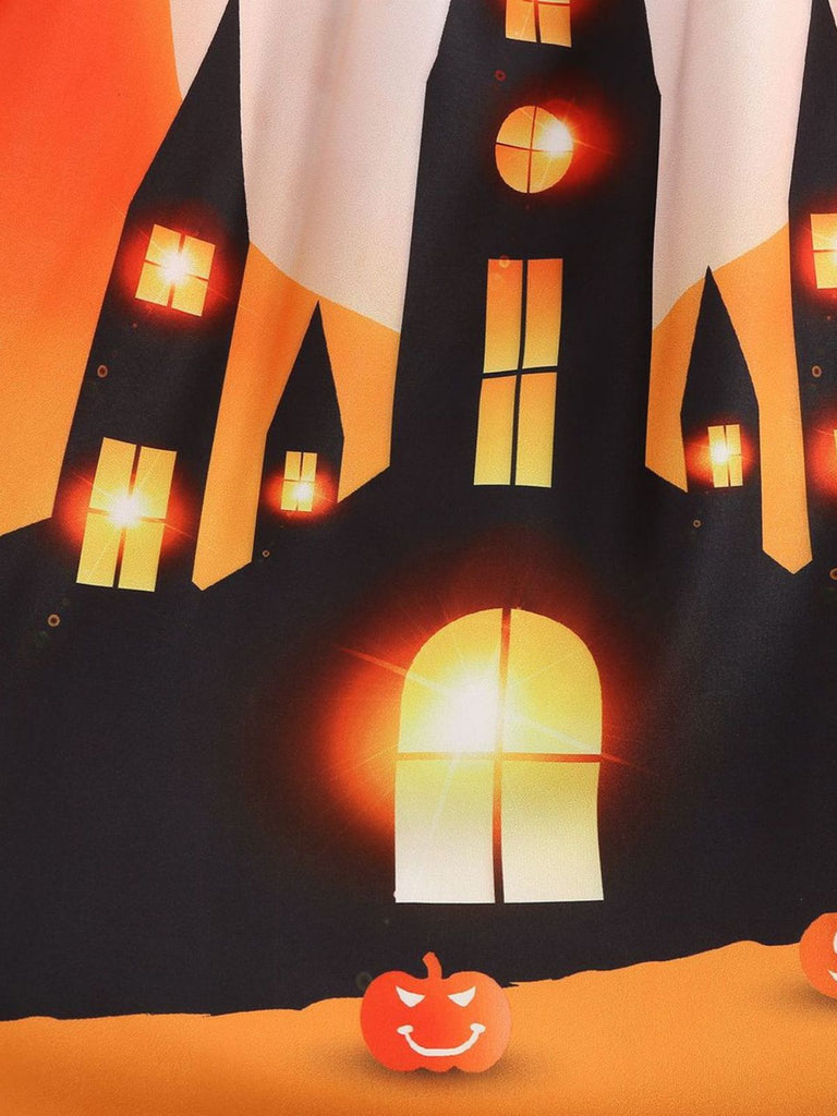 50er Halloween Swingkleid mit Kürbis-Print und Wellen-Ausschnitt