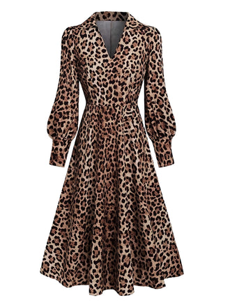 Braunes 40er Leopardenkleid mit V-Ausschnitt und Ballonärmeln
