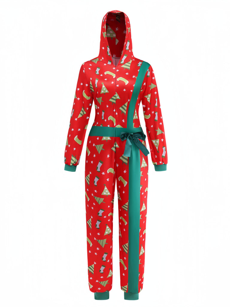 50er Weihnachts-Jumpsuit mit Tannenbaum-Print und Langarm