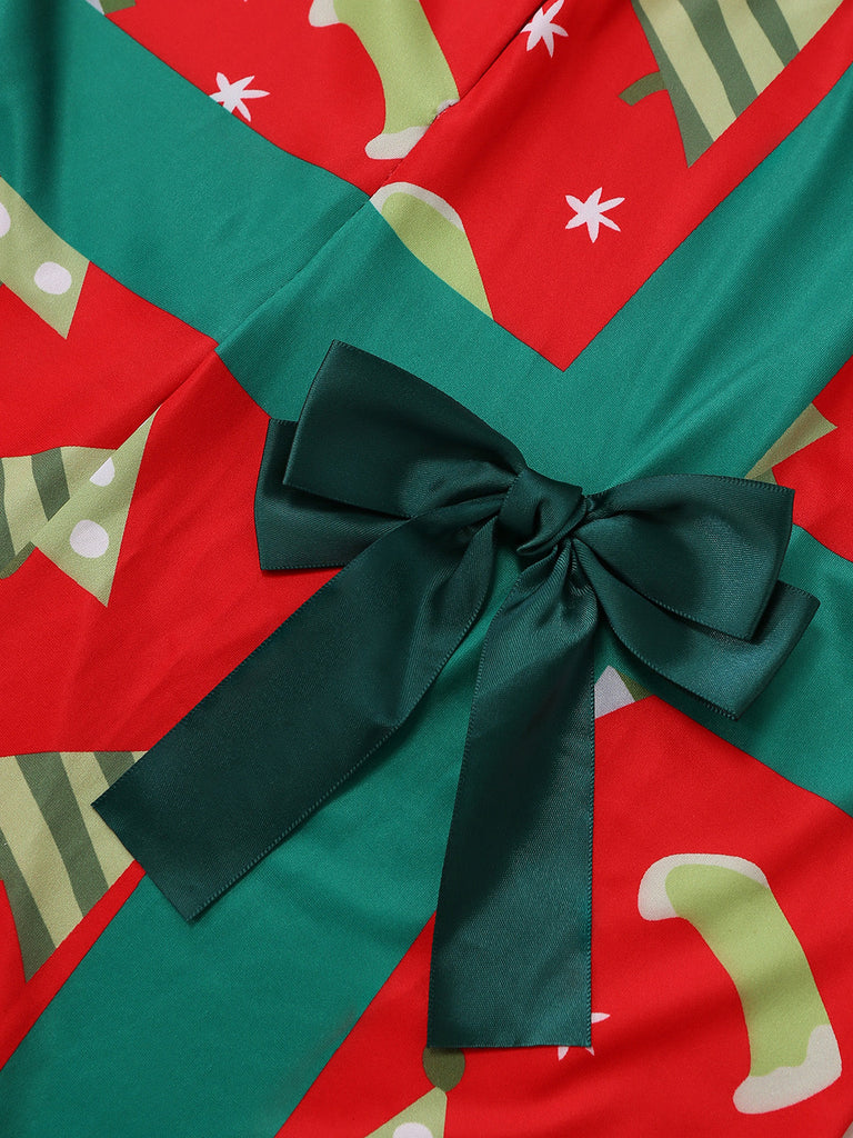 50er Weihnachts-Jumpsuit mit Tannenbaum-Print und Langarm