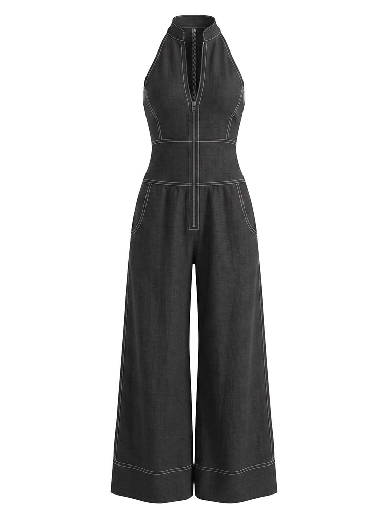40er Jeans-Overall mit Neckholder und weitem Bein