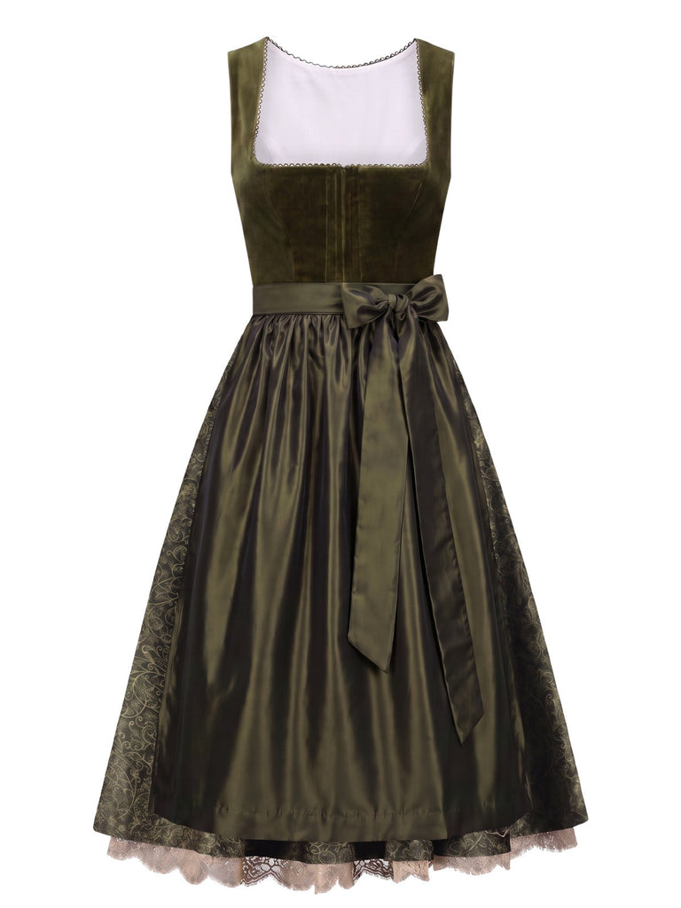 Olivgrünes 50er Kleid mit Blumen und Schürze