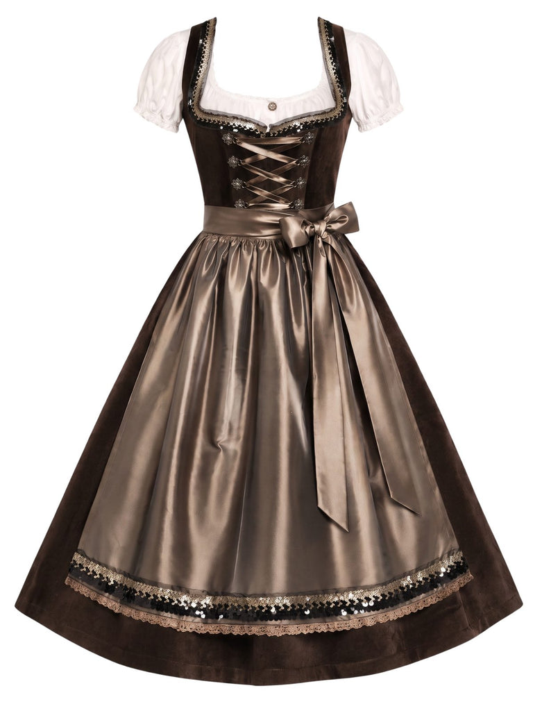 Braunes 50er Kleid mit Eckiger Ausschnitt und Puffärmel