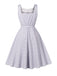 Tailliertes lavendelfarbenes 50er Ginghamkleid mit Spitze und Taschen