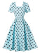Hellblaues 50er Swingkleid mit eckigem Ausschnitt und Polka-Dots