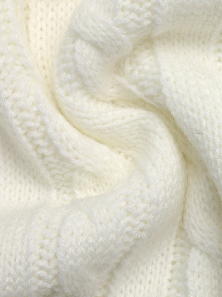 Weißer 50er Zopfstrick-Polopullover mit Schleifenstickerei