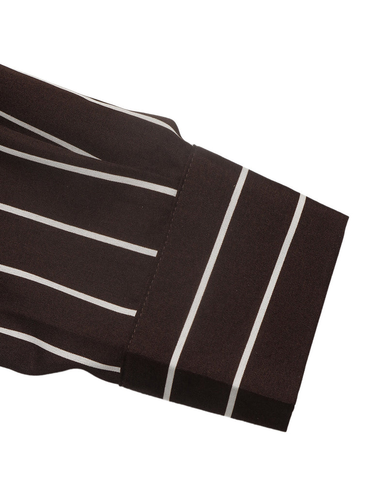 Dunkelbraunes 70er Streifen-Hemdblusenkleid mit Knöpfen und Gürtel