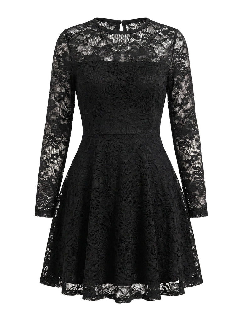 Schwarzes 60er Minikleid mit Blumen-Spitze und Langarm