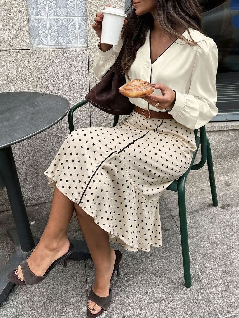 Beige 30er Satinbluse & gepunkteter Meerjungfrauenrock
