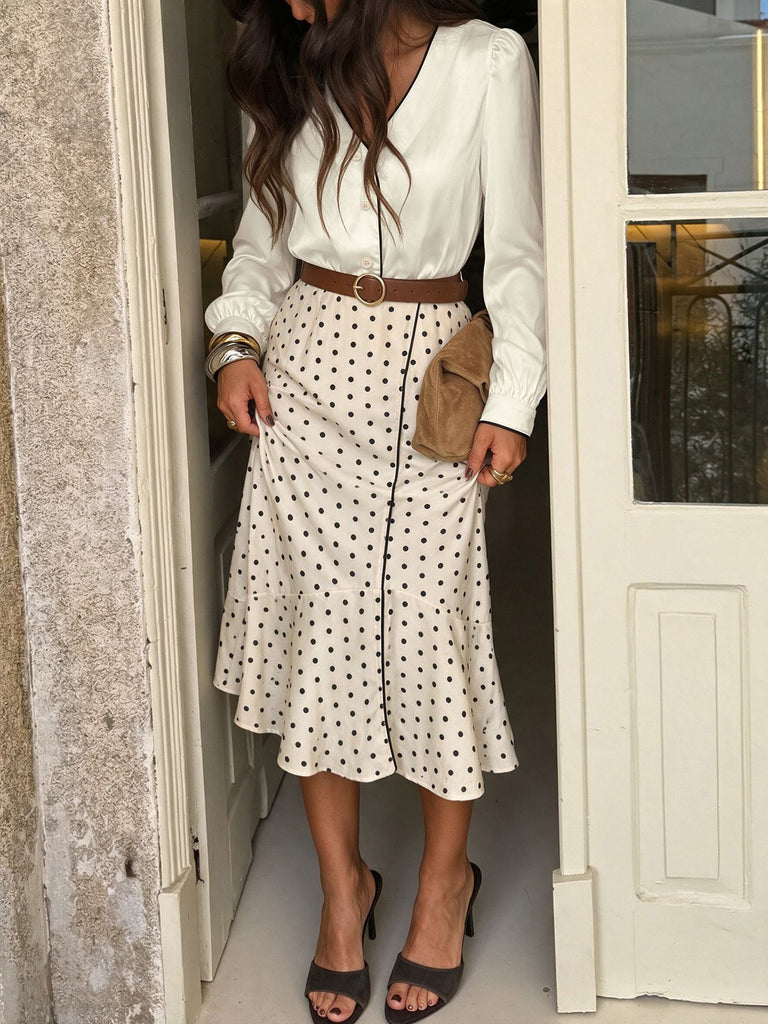 Beige 30er Satinbluse & gepunkteter Meerjungfrauenrock