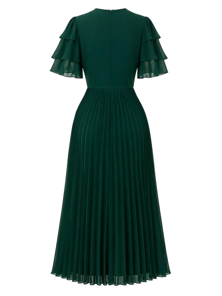 70er Plissee-Maxikleid mit gestuften Volantärmeln