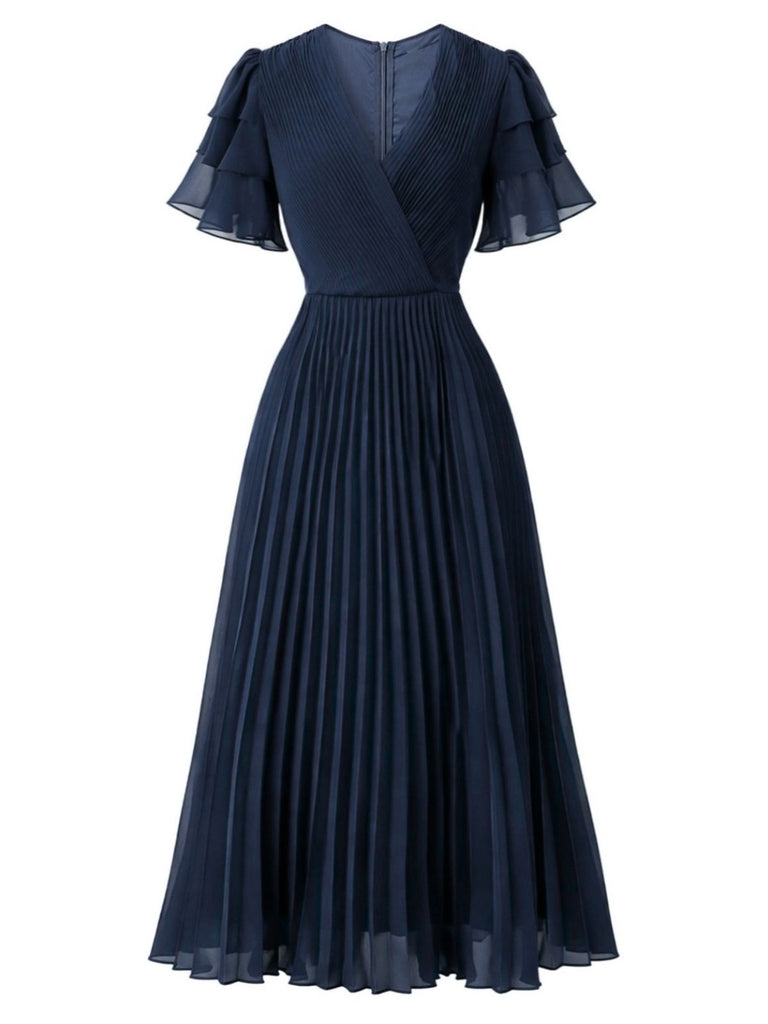 70er Plissee-Maxikleid mit gestuften Volantärmeln