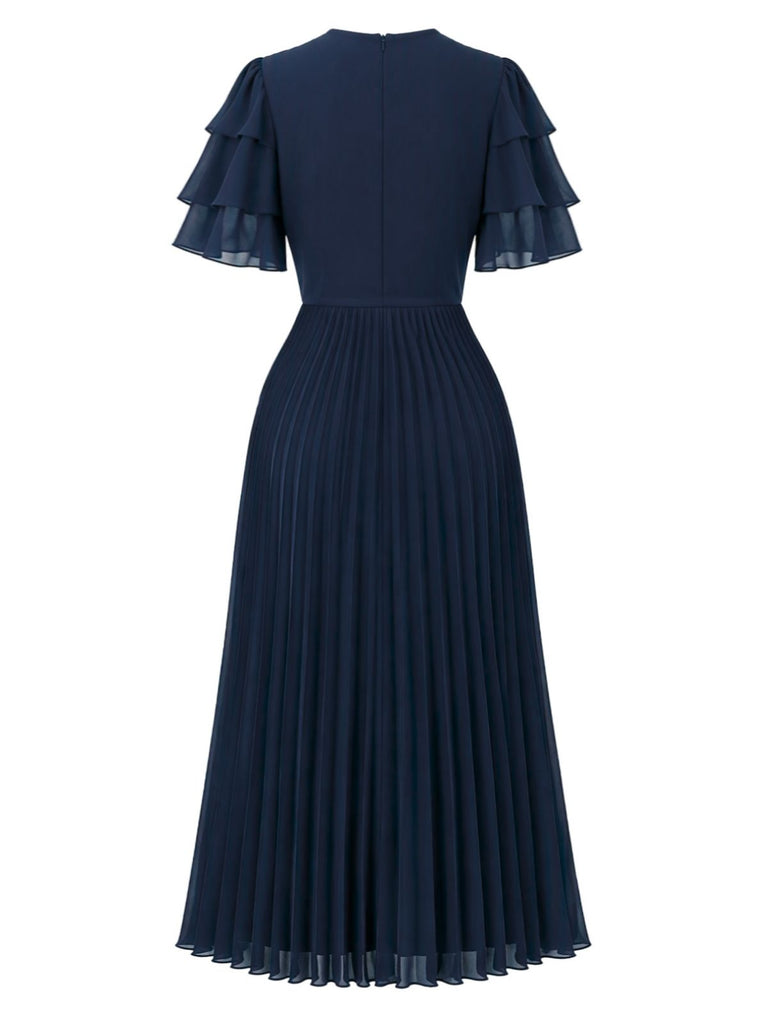 70er Plissee-Maxikleid mit gestuften Volantärmeln