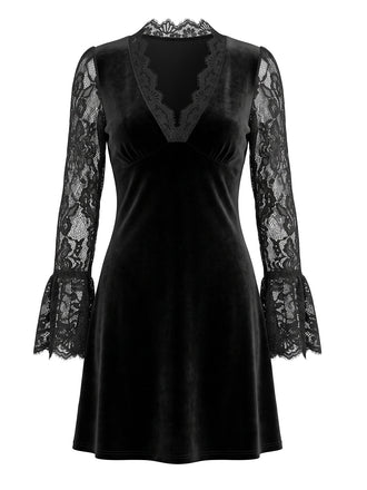 Schwarzes 60er Gothic-Samtminikleid mit Spitze und Glockenärmeln