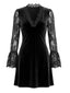 Schwarzes 60er Gothic-Samtminikleid mit Spitze und Glockenärmeln