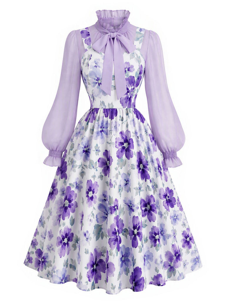 50er Set aus Bluse mit Schleifenkragen & Blumen-Trägerkleid
