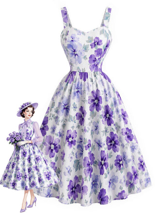 50er Träger-Swingkleid mit lavendelfarbenen Blumen