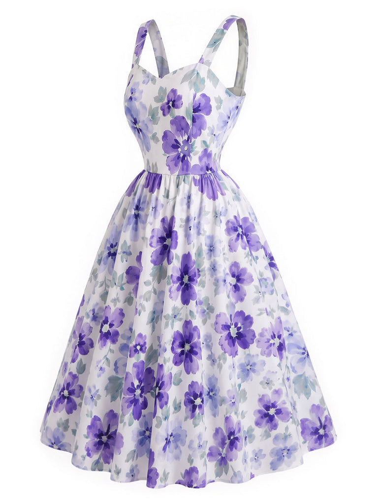 50er Träger-Swingkleid mit lavendelfarbenen Blumen