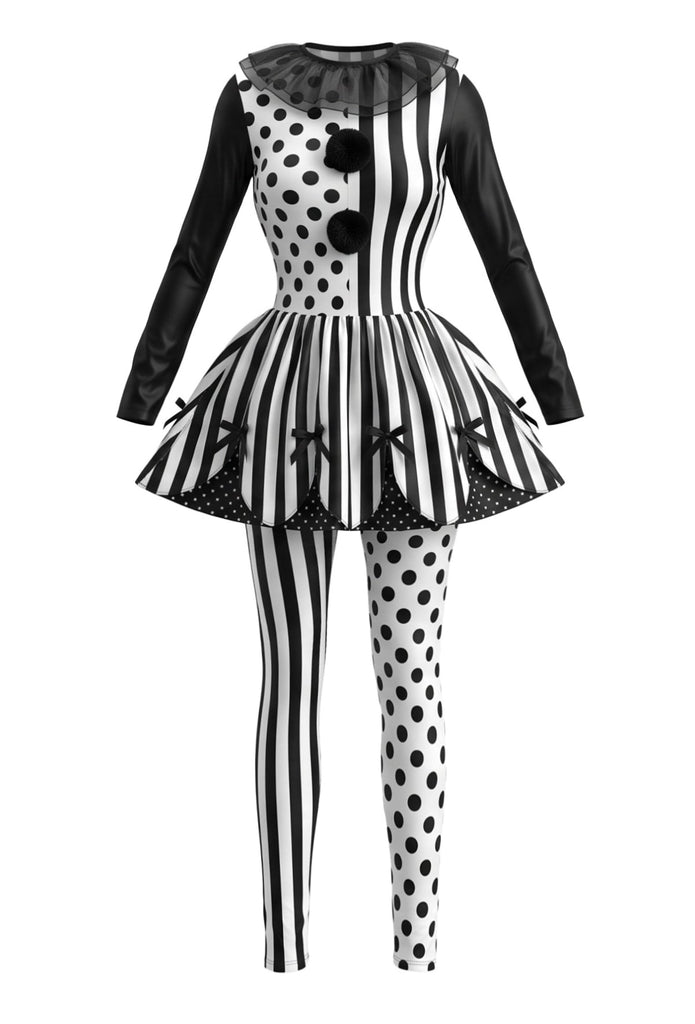 Schwarzes 50er Clown-Kostümset mit Polka-Dots und Streifen