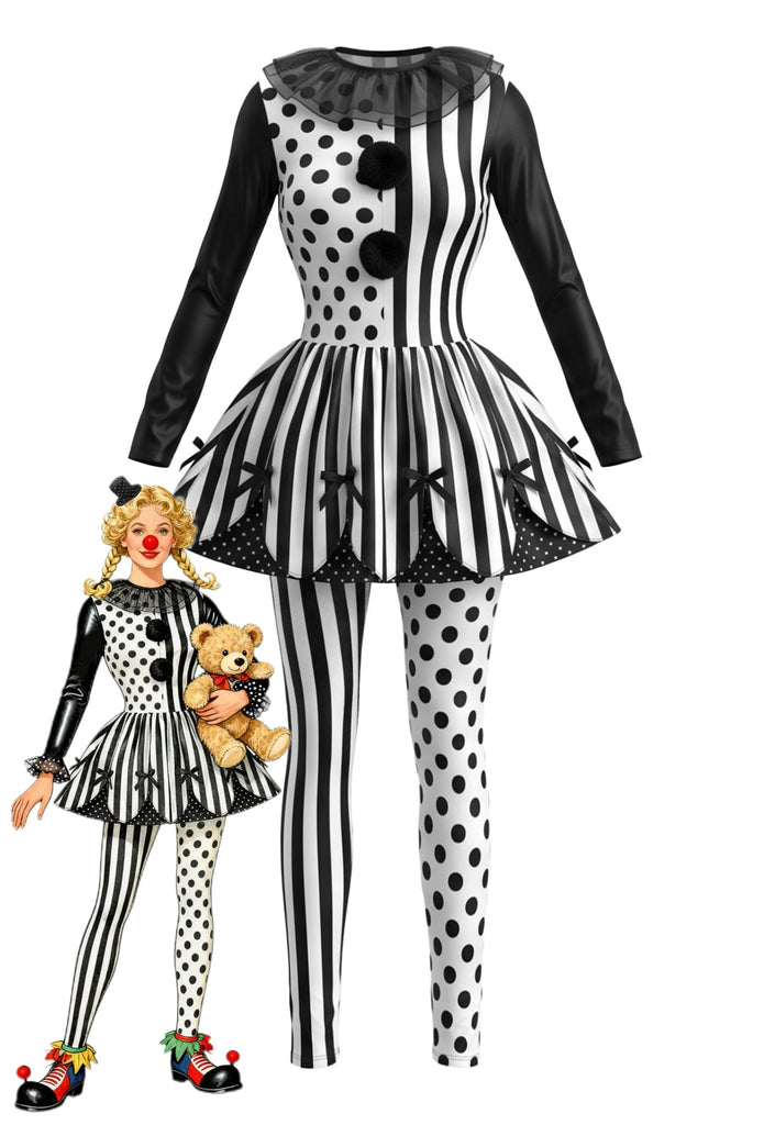 Schwarzes 50er Clown-Kostümset mit Polka-Dots und Streifen