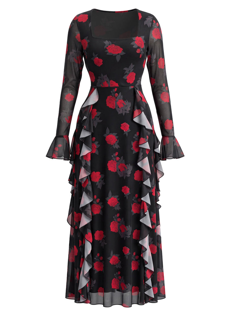 80er Maxikleid mit Leoparden-Print und Rüschen