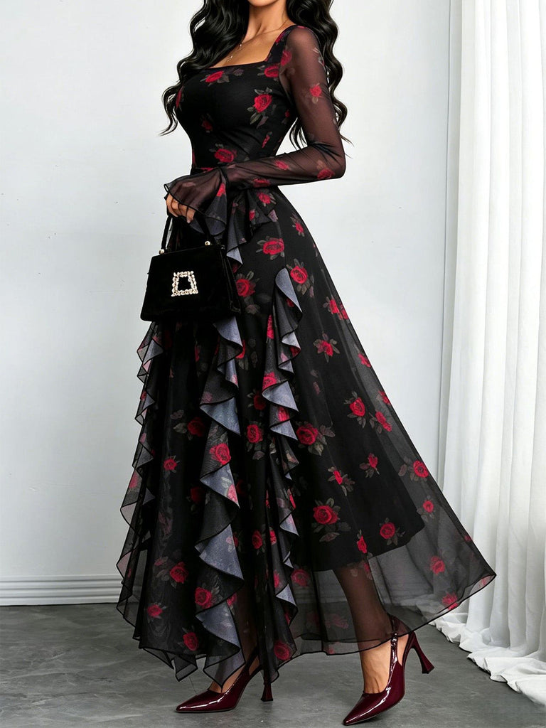 80er Maxikleid mit Leoparden-Print und Rüschen