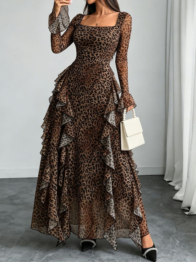 80er Maxikleid mit Leoparden-Print und Rüschen