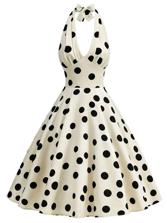 Beige 50er Swingkleid mit Polka-Dots und Neckholder