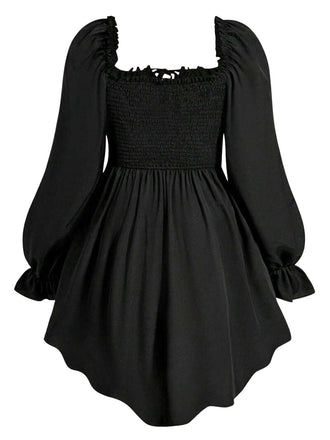 [Übergröße] Schwarzes 70er Gothic-Langarmkleid mit Korsettschnürung