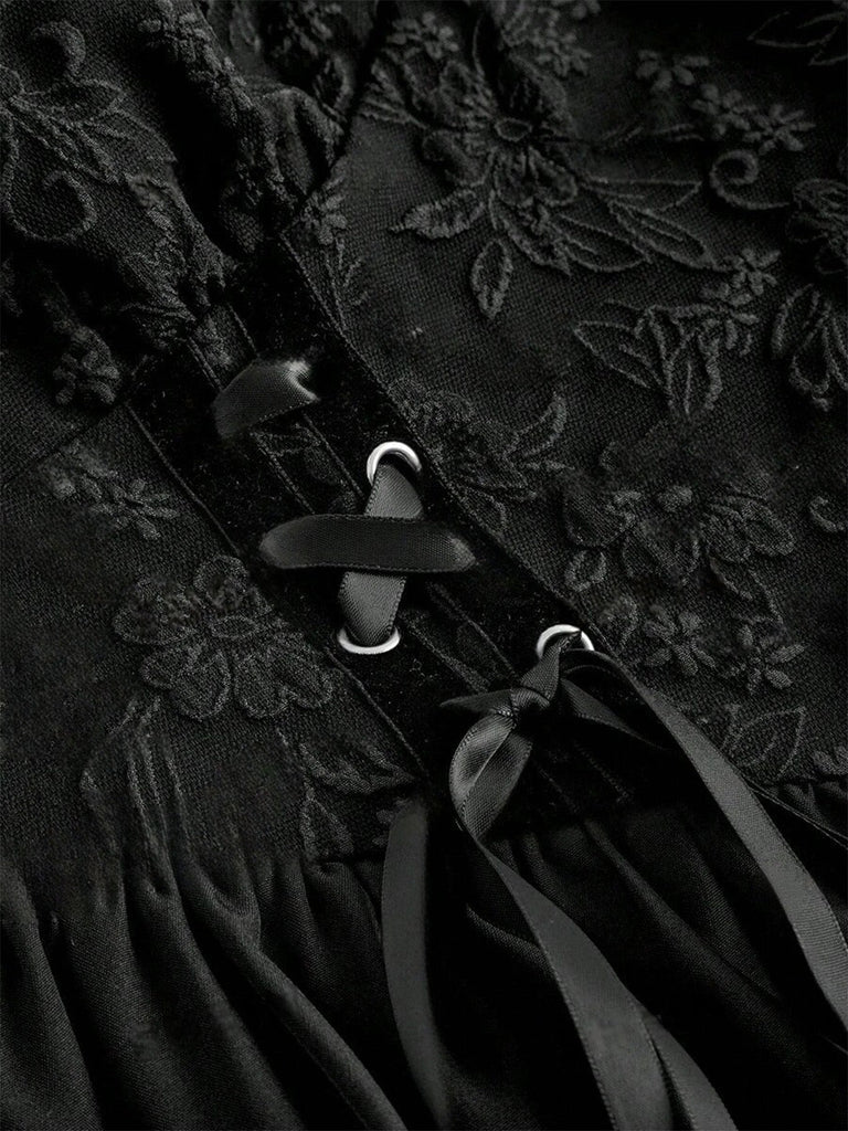 [Übergröße] Schwarzes 70er Gothic-Langarmkleid mit Korsettschnürung