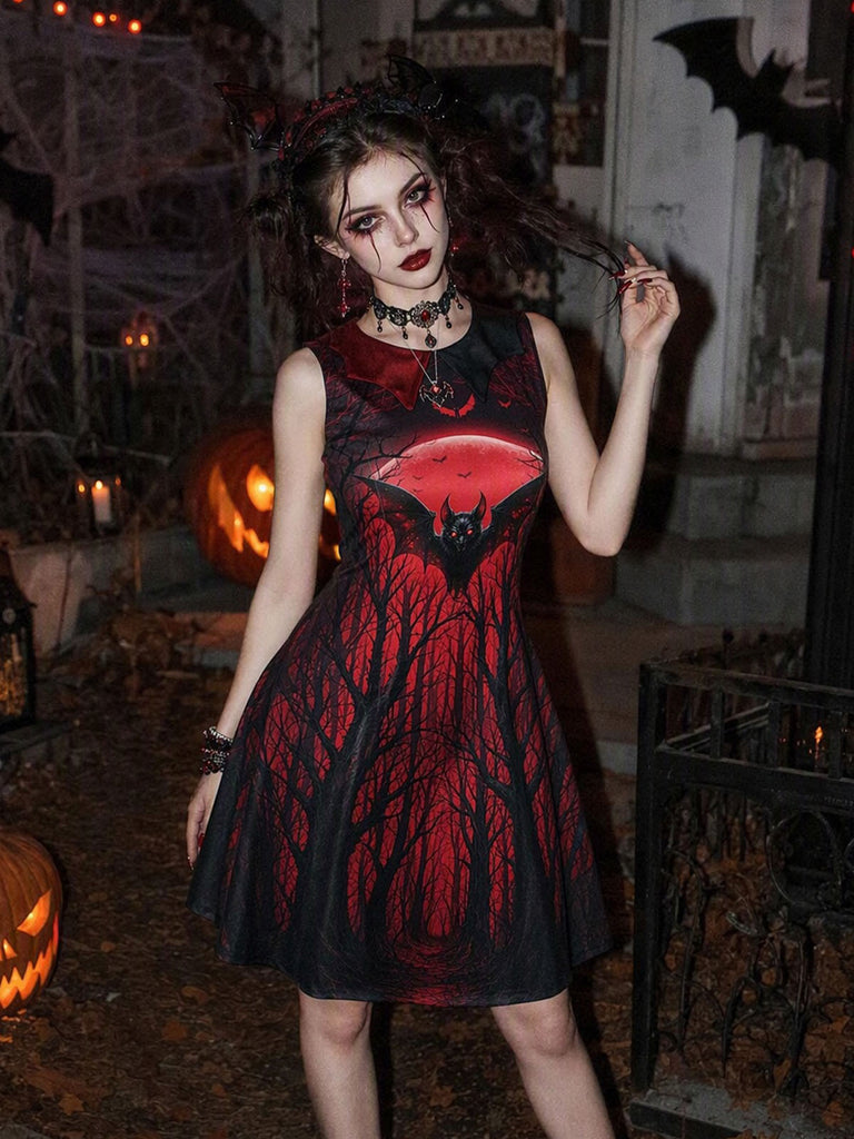 50er Gothic-Vampir-Kleid mit Fledermaus-Mond-Print