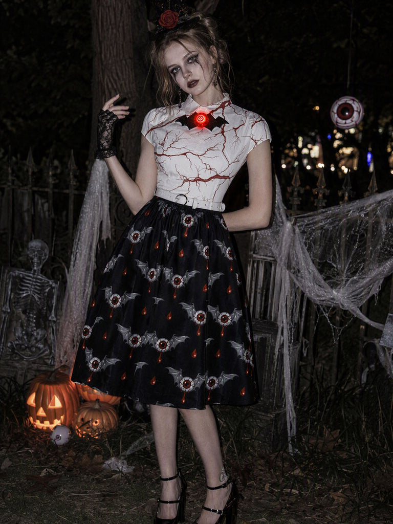 50er Halloweenkleid mit Augapfel- und Fledermausprint