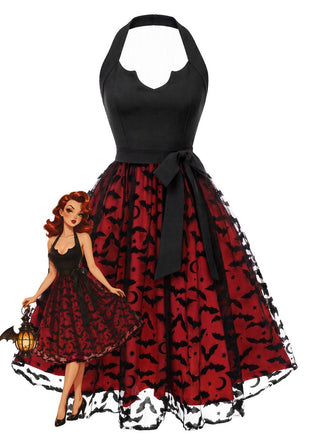 50er Halloween Kleid mit Fledermausprint und Neckholder