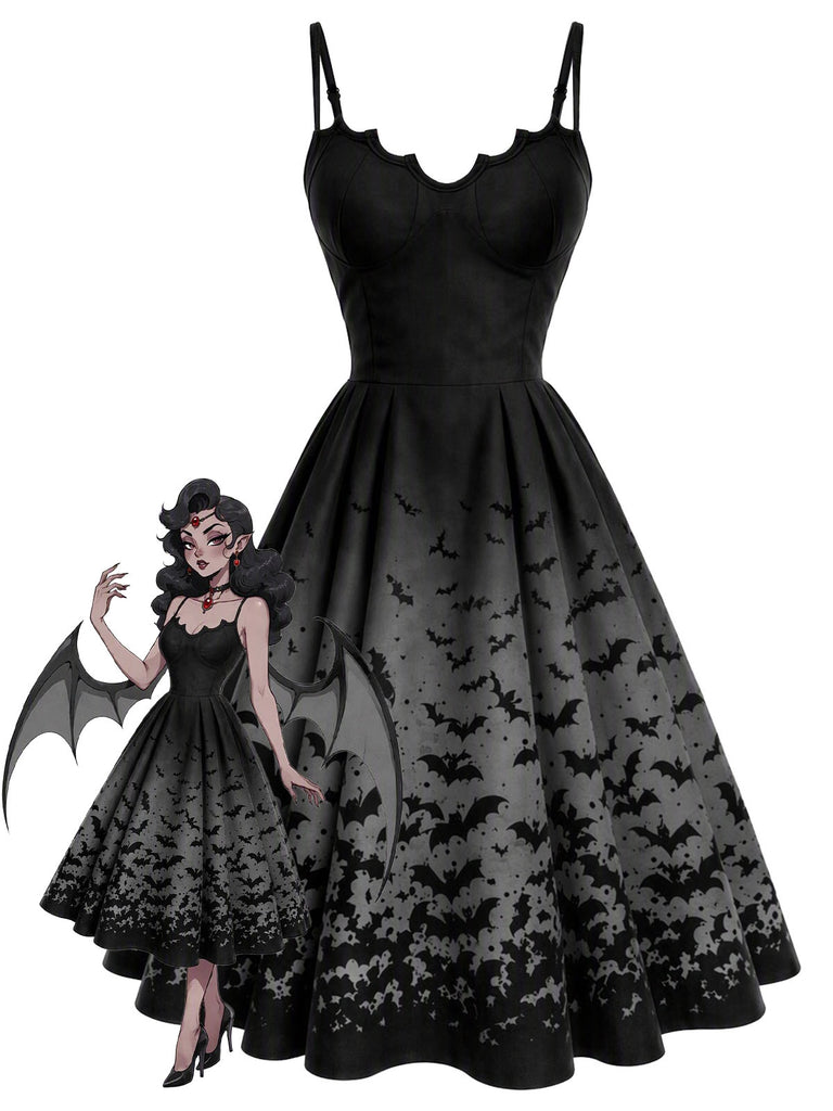 50er Gothic-Swingkleid mit Fledermausprint und Spaghettiträgern