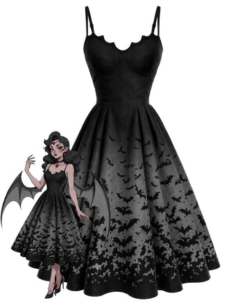 50er Gothic-Swingkleid mit Fledermausprint und Spaghettiträgern
