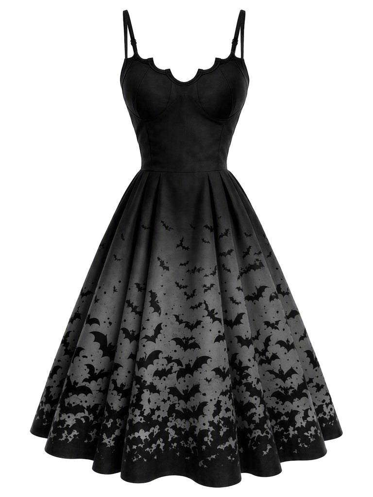 50er Gothic-Swingkleid mit Fledermausprint und Spaghettiträgern