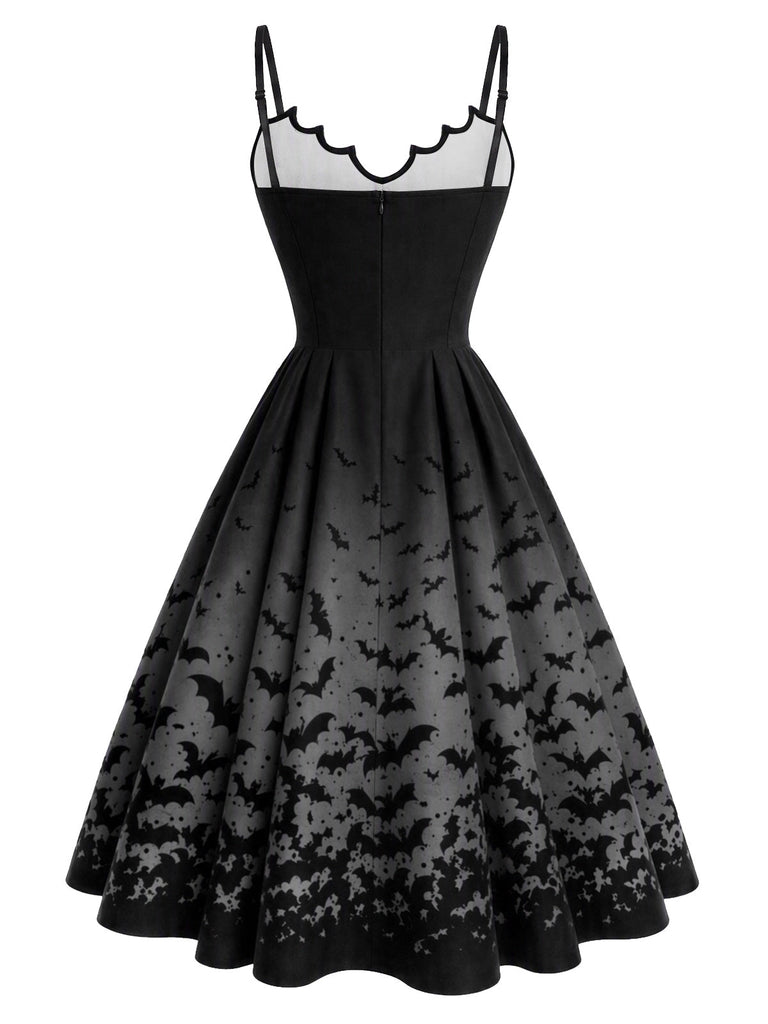 50er Gothic-Swingkleid mit Fledermausprint und Spaghettiträgern