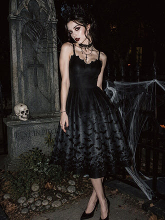 50er Gothic-Swingkleid mit Fledermausprint und Spaghettiträgern