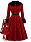 [Vorverkauf] Rotes gegürtetes 50er Mantelkleid mit Flauschkragen und Blumenknöpfen