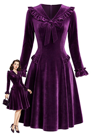 Lila 50er Langarm-Samtkleid mit gerüschtem V-Ausschnitt und Schleife