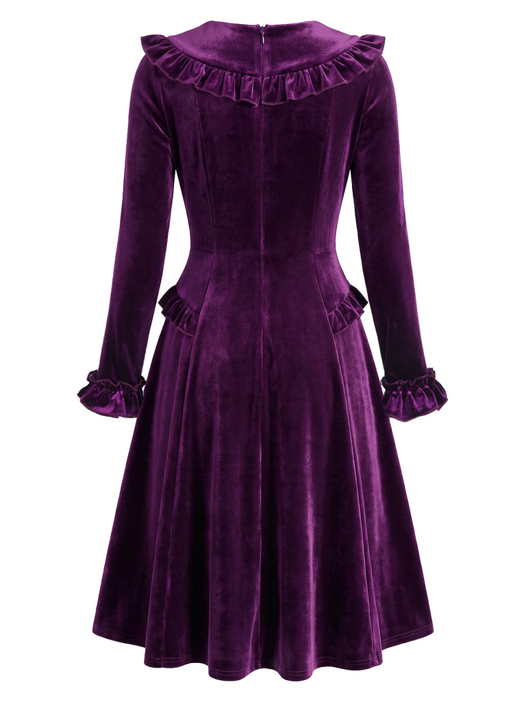 Lila 50er Langarm-Samtkleid mit gerüschtem V-Ausschnitt und Schleife
