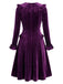 Lila 50er Langarm-Samtkleid mit gerüschtem V-Ausschnitt und Schleife