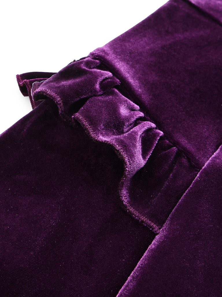 Lila 50er Langarm-Samtkleid mit gerüschtem V-Ausschnitt und Schleife