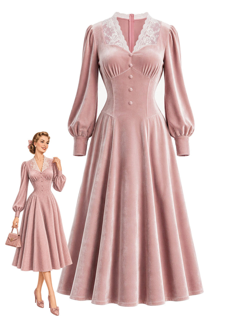 Rosa 30er Samtkleid mit Spitzenkragen und Langarm