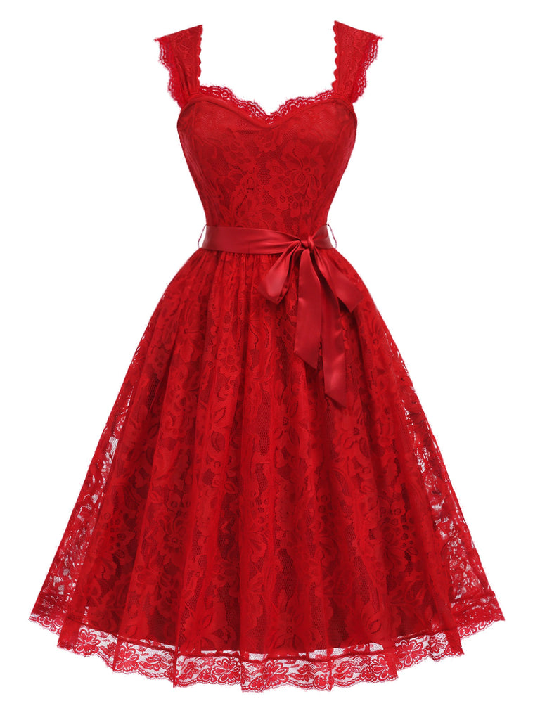 Rotes 50er Spitzen-Swingkleid mit Herzausschnitt und Schleife